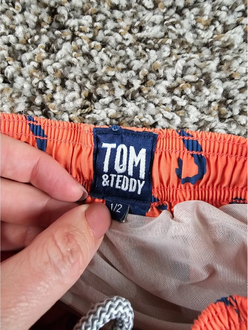 Tom & Teddy Baby Boys Sz 1/2 Swimsuit Swim Trunks Shrimp Print Orange Blue